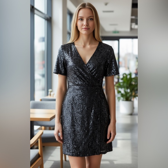 Francesca's Collections Dresses & Skirts - Francesca Women Sequin Dress S Blue Navy Beaded Short Sleeve Party Cocktail